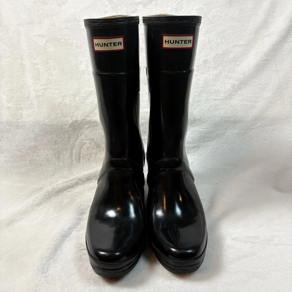 Hunter Kellan Mid Wedge Rain Boots Womens 10 Black Good Glossy Waterproof